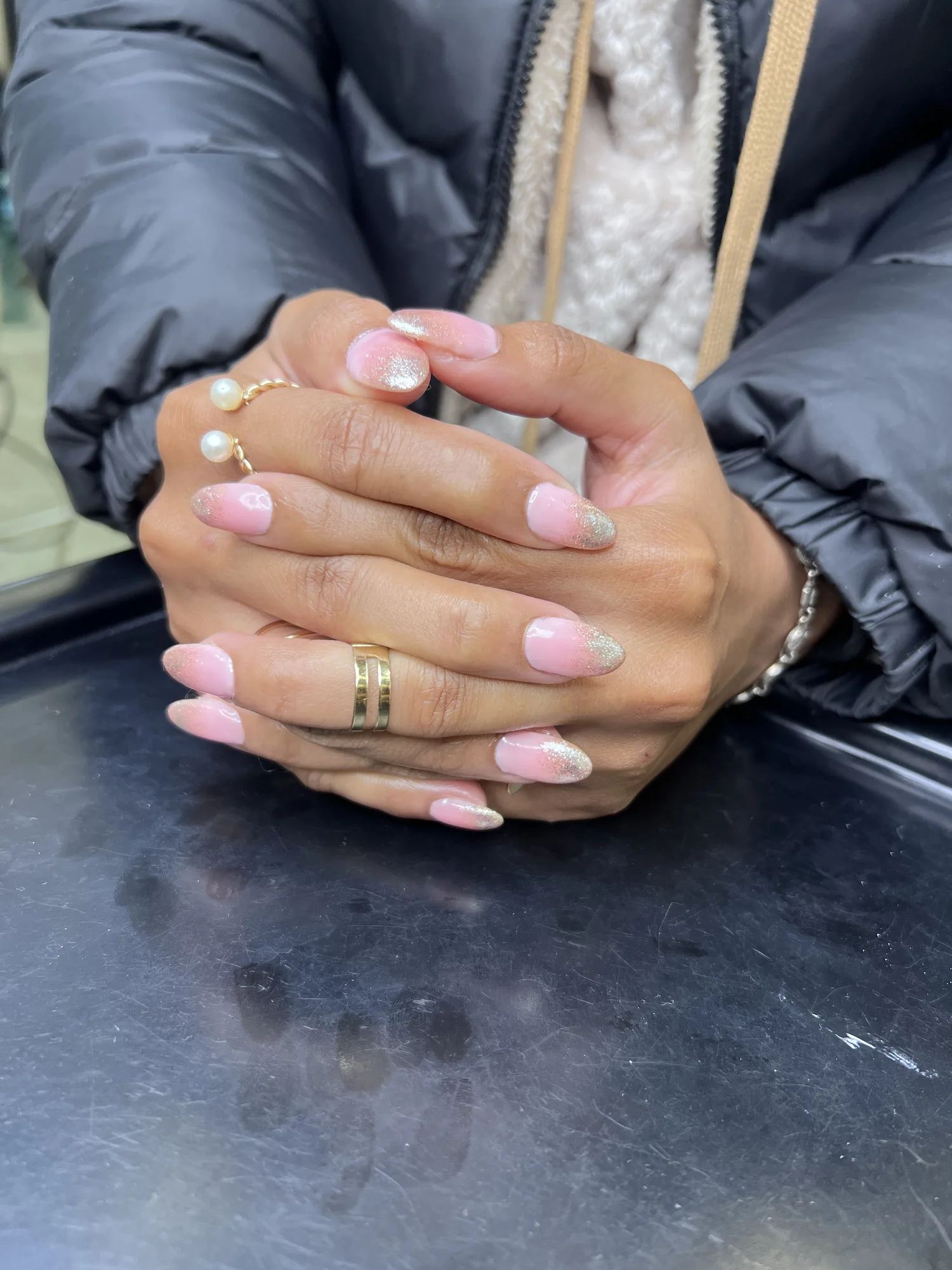 Pink shimmer French-tip nails